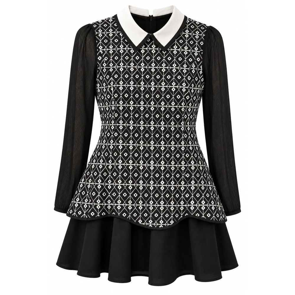 Gothcore Punk Collared Black And White‎ Geometric Sheer Sleeve Gothcore Dress M